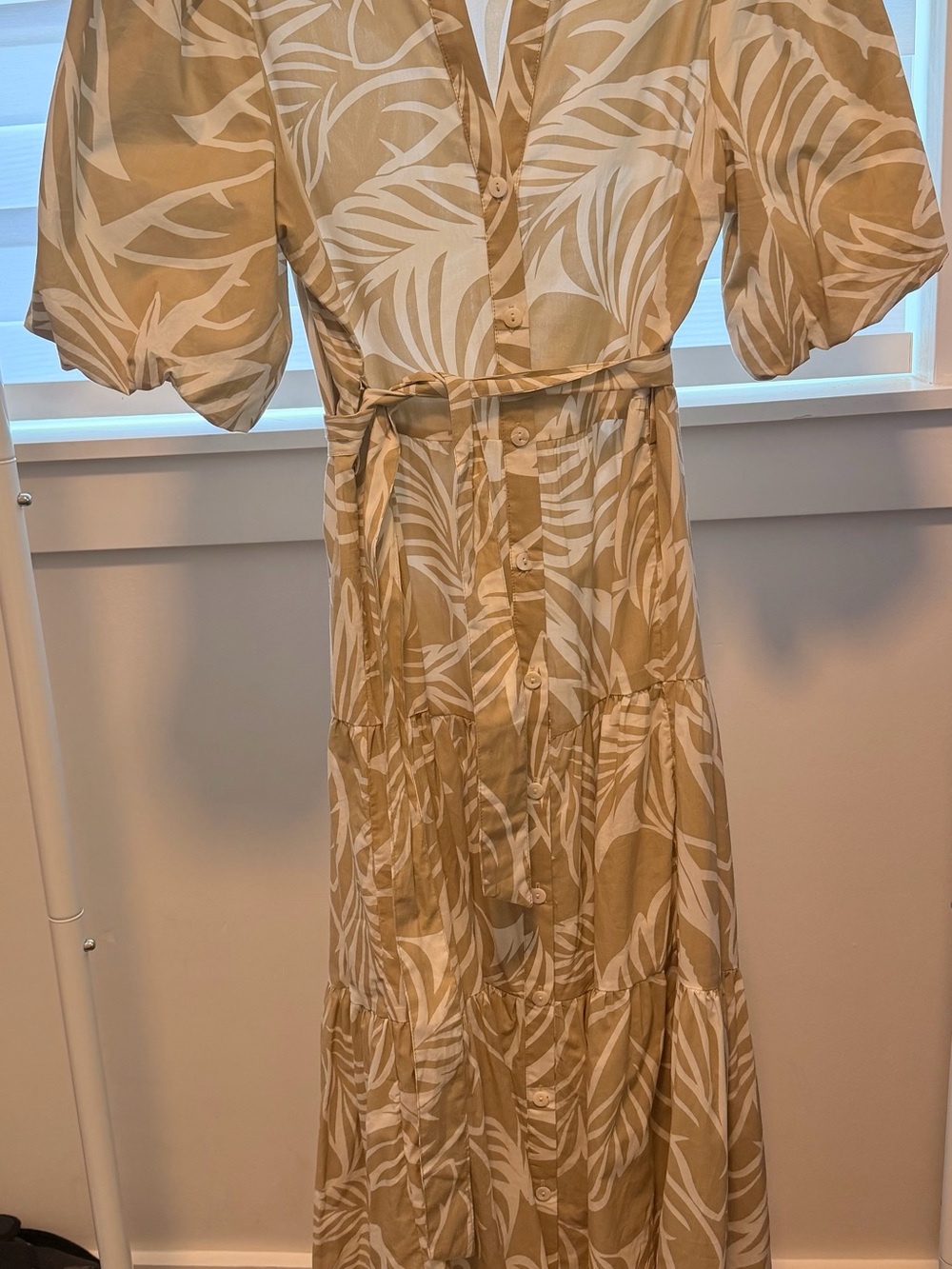 Belted Beige Maxi Dress with White Leaf Print